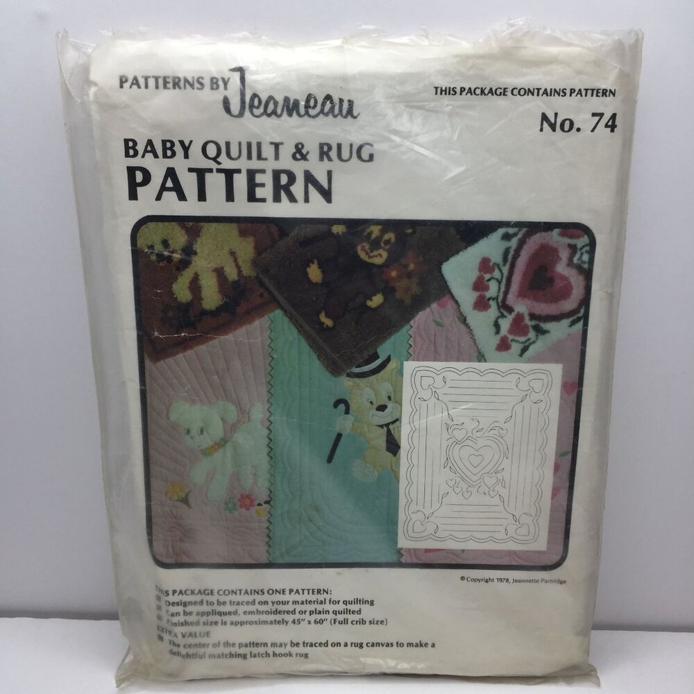 Vtg Patterns by Jeaneau Baby Quilt & Rug Pattern No 74 Embroidery Hearts Leaves